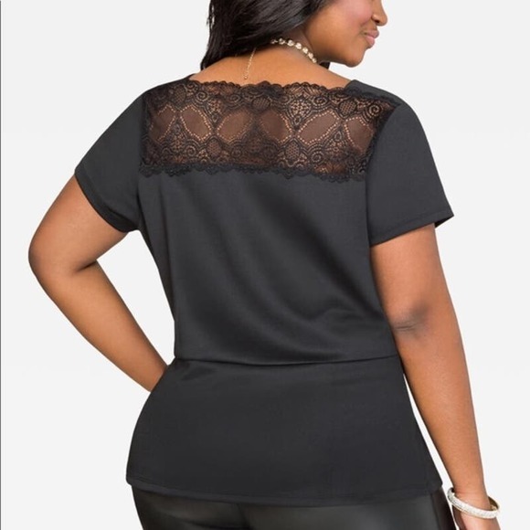 Ashley Stewart NWOT Black Lace Yoke Peplum Top Size 5X - Picture 2 of 9